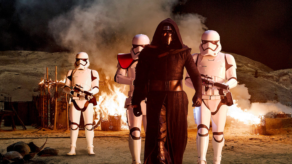 Star Wars: The Force Awakens Kylo Ren (Adam Driver) with Stormtroopers Ph: David James ©Lucasfilm 2015